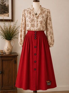 Vintage C&A “Your Sixth Sense” Red Linen Blend Midi Skirt